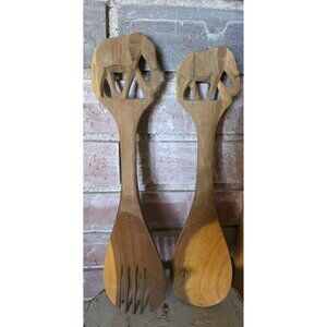 Vintage Hand Carved Wood Salad Servers Elephant Design Unique Gift Kitchen Decor